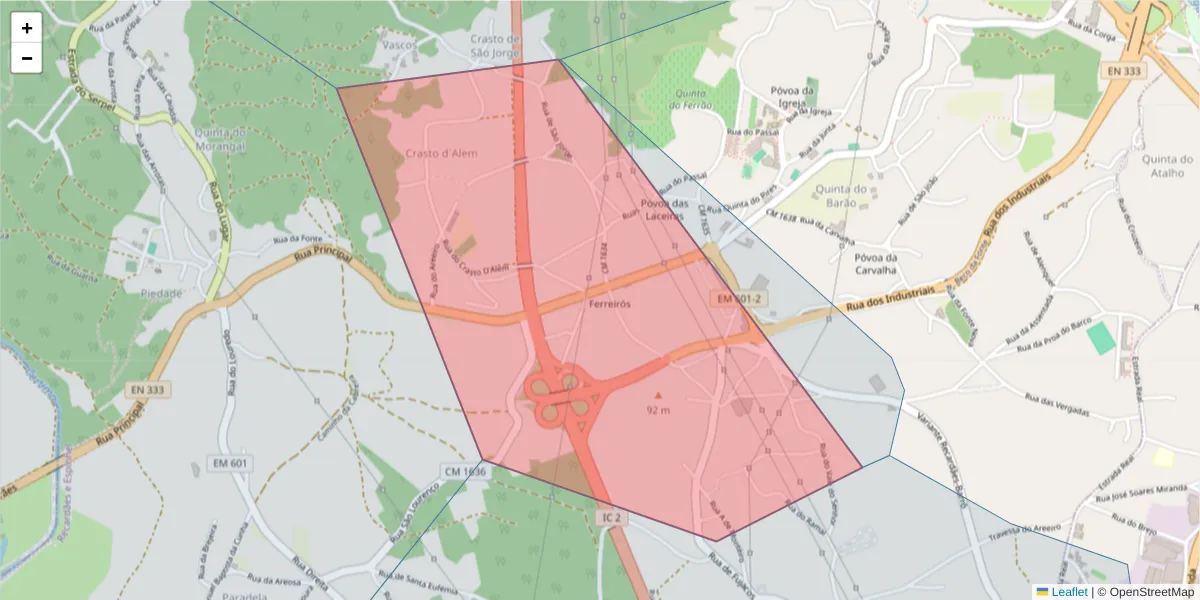 Mapa detalhado do código postal 3750-722 com limites, códigos postais vizinhos e agências dos correios