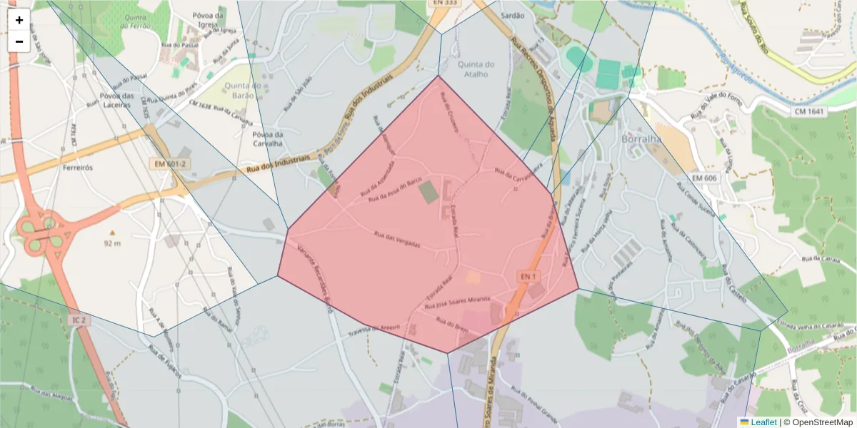 Mapa detalhado do código postal 3750-725 com limites, códigos postais vizinhos e agências dos correios