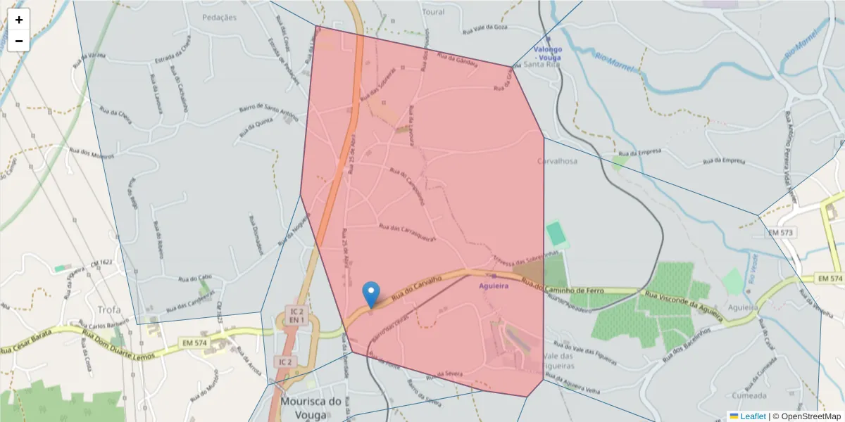 Mapa detalhado do código postal 3750-783 com limites, códigos postais vizinhos e agências dos correios