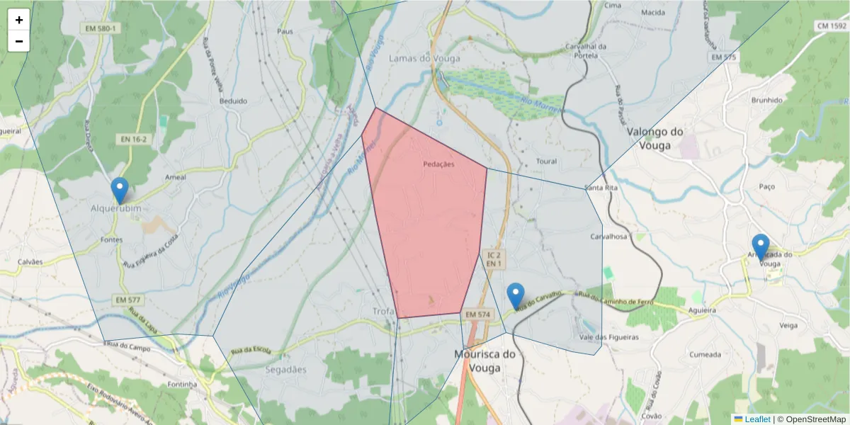 Mapa detalhado do código postal 3750-790 com limites, códigos postais vizinhos e agências dos correios