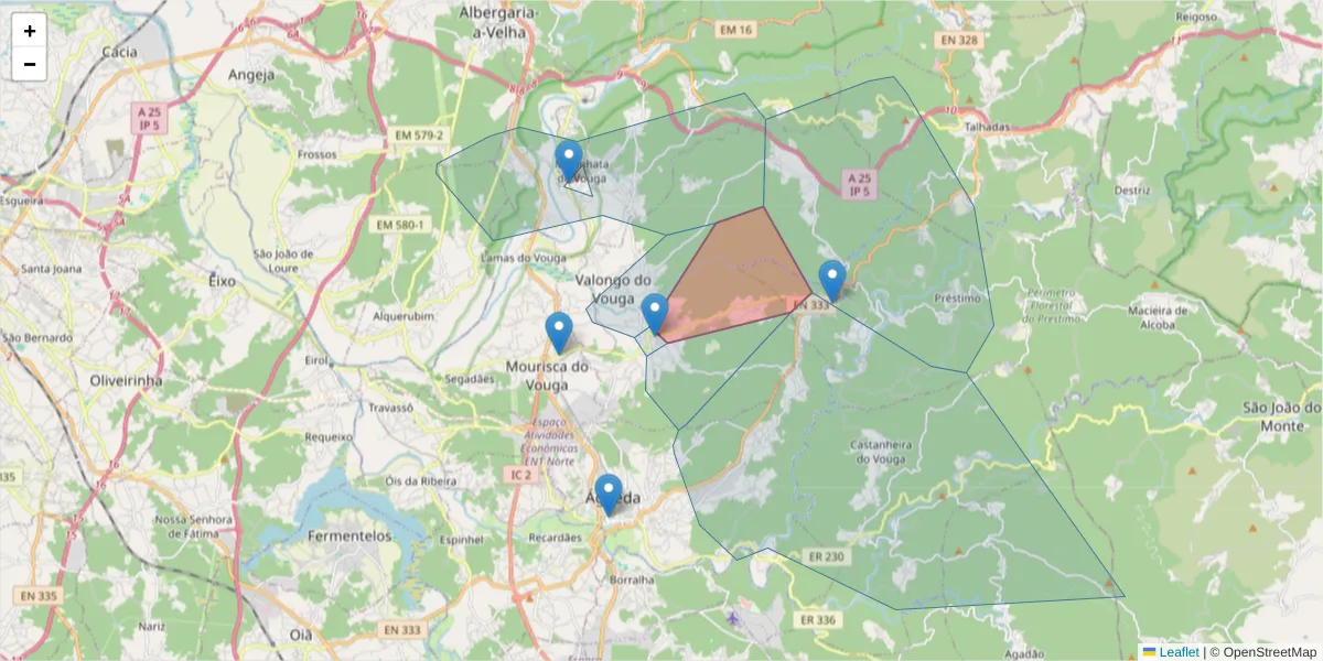 Mapa detalhado do código postal 3750-807 com limites, códigos postais vizinhos e agências dos correios