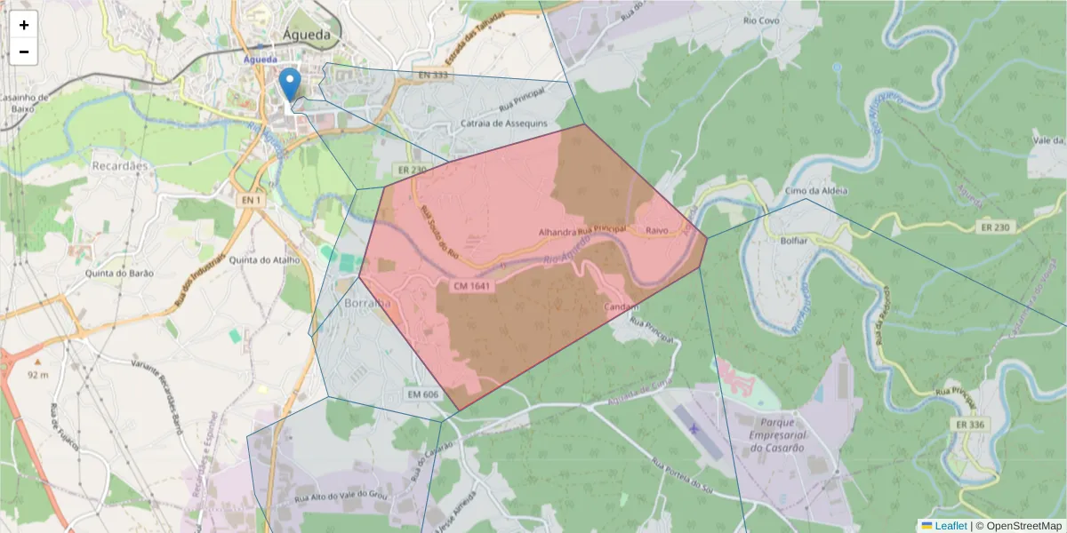 Mapa detalhado do código postal 3750-852 com limites, códigos postais vizinhos e agências dos correios