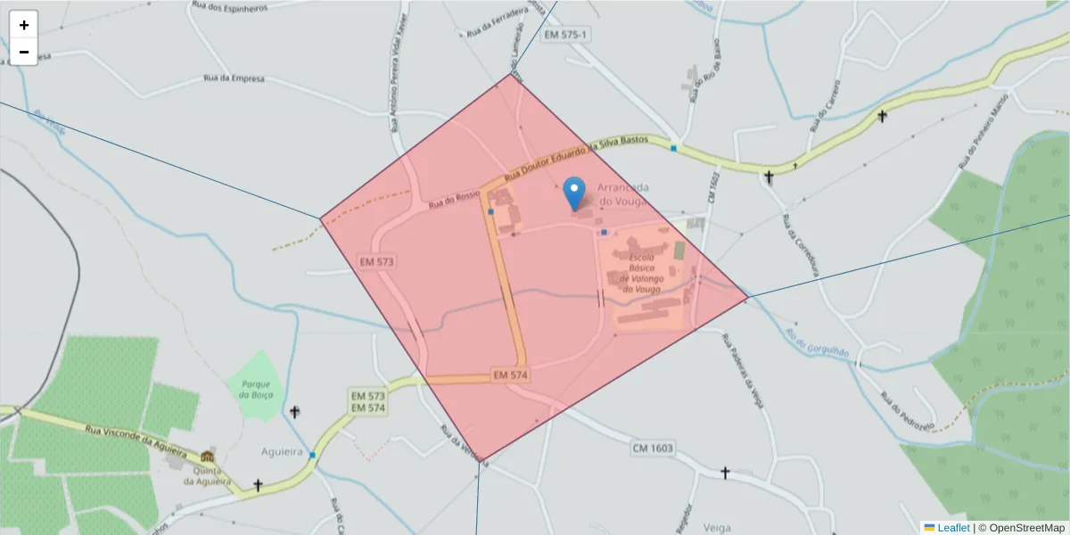 Mapa detalhado do código postal 3750-995 com limites, códigos postais vizinhos e agências dos correios