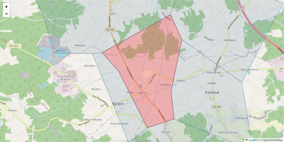 Mapa detalhado do código postal 3770-017 com limites, códigos postais vizinhos e agências dos correios