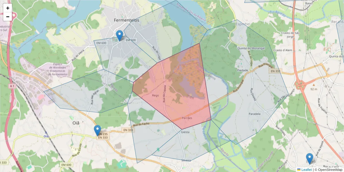 Mapa detalhado do código postal 3770-064 com limites, códigos postais vizinhos e agências dos correios