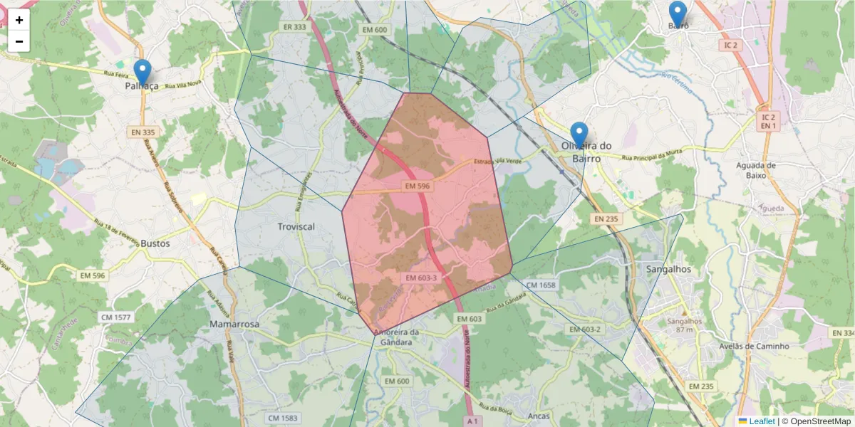 Mapa detalhado do código postal 3770-305 com limites, códigos postais vizinhos e agências dos correios