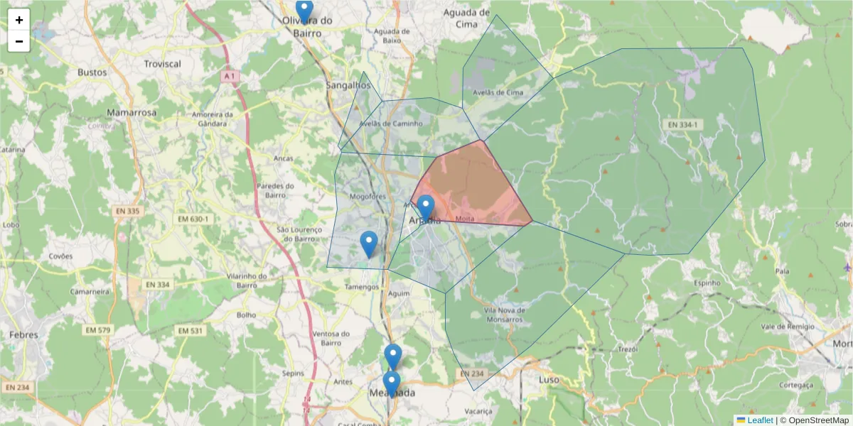 Mapa detalhado do código postal 3780-202 com limites, códigos postais vizinhos e agências dos correios
