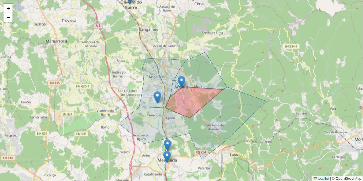 Mapa detalhado do código postal 3780-216 com limites, códigos postais vizinhos e agências dos correios
