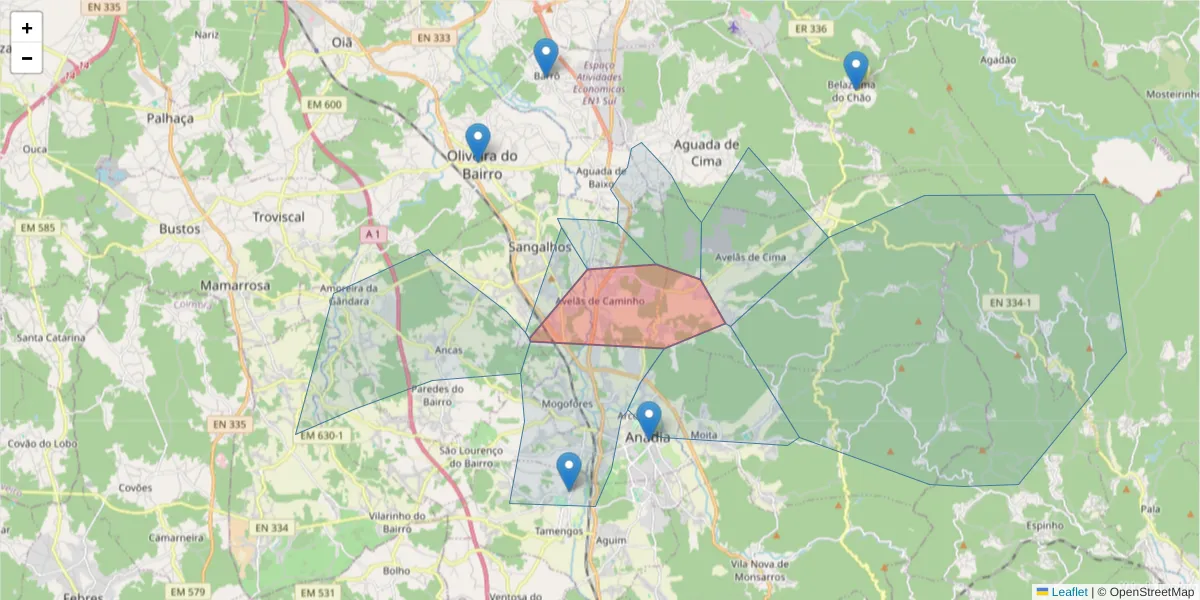 Mapa detalhado do código postal 3780-222 com limites, códigos postais vizinhos e agências dos correios