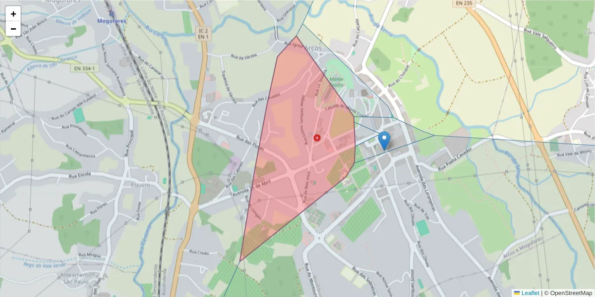 Mapa detalhado do código postal 3780-305 com limites, códigos postais vizinhos e agências dos correios