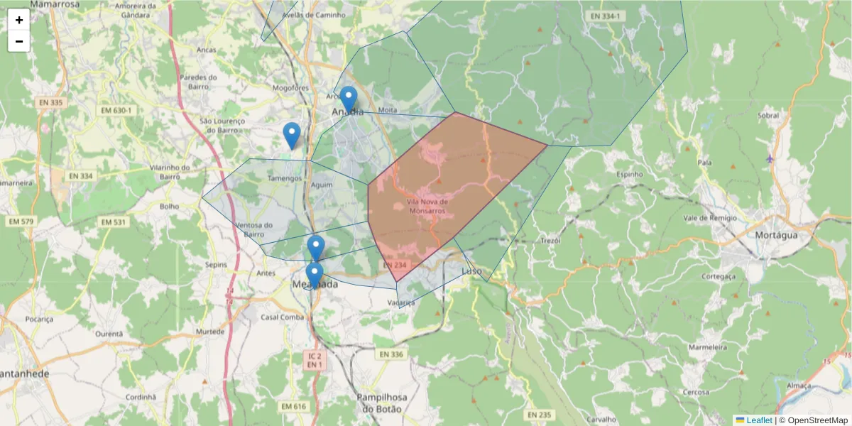 Mapa detalhado do código postal 3780-566 com limites, códigos postais vizinhos e agências dos correios