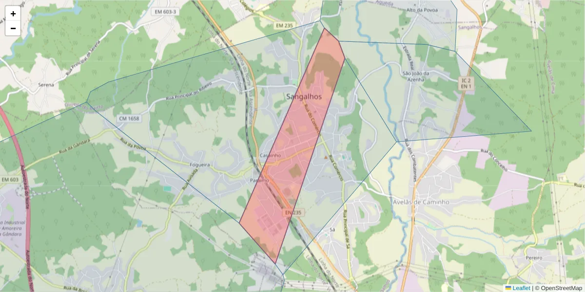 Mapa detalhado do código postal 3781-908 com limites, códigos postais vizinhos e agências dos correios
