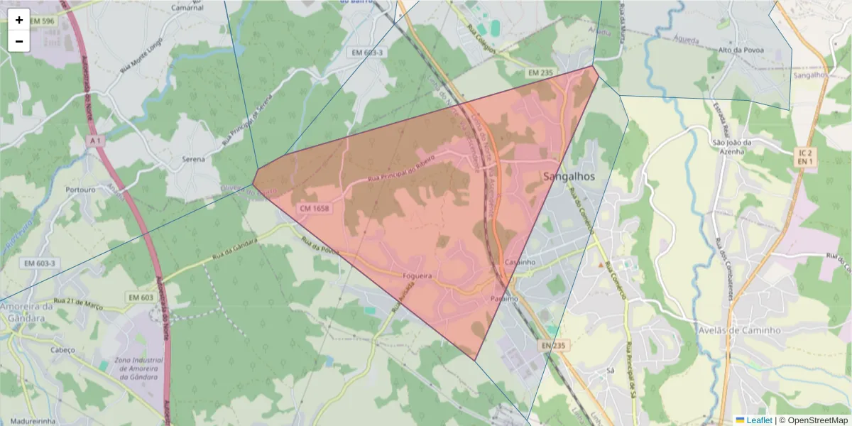Mapa detalhado do código postal 3782-102 com limites, códigos postais vizinhos e agências dos correios