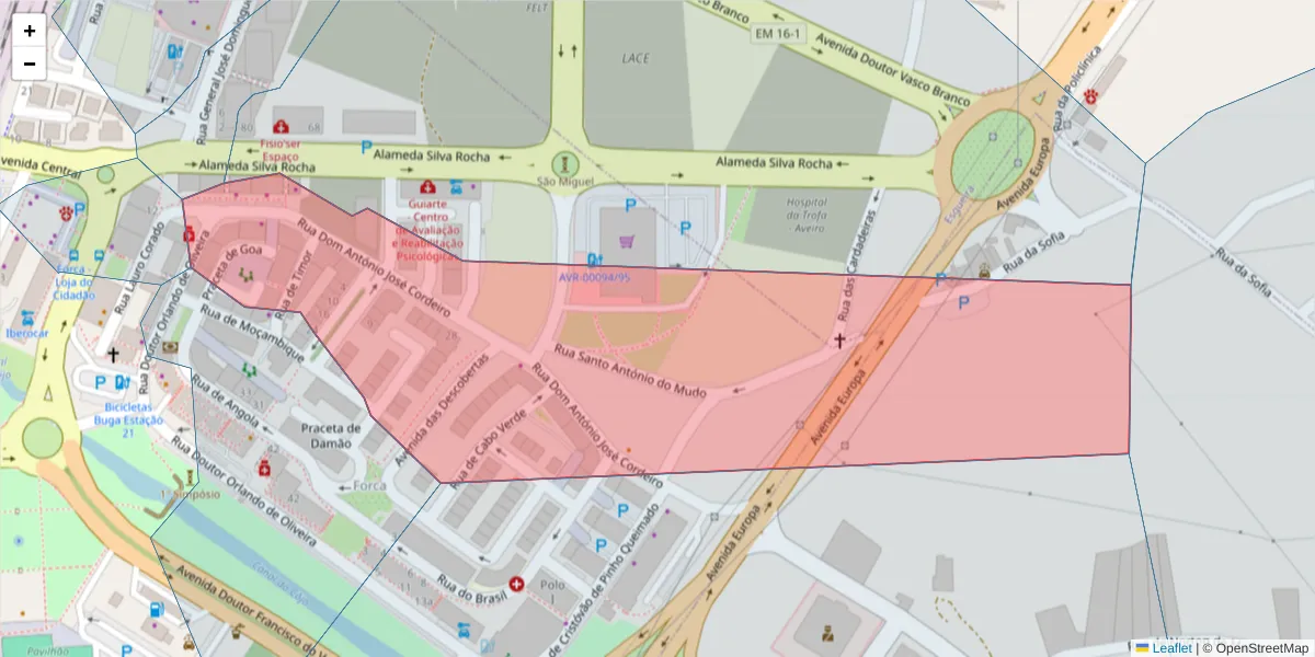 Mapa detalhado do código postal 3800-003 com limites, códigos postais vizinhos e agências dos correios