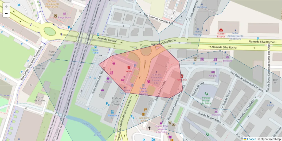 Mapa detalhado do código postal 3800-005 com limites, códigos postais vizinhos e agências dos correios