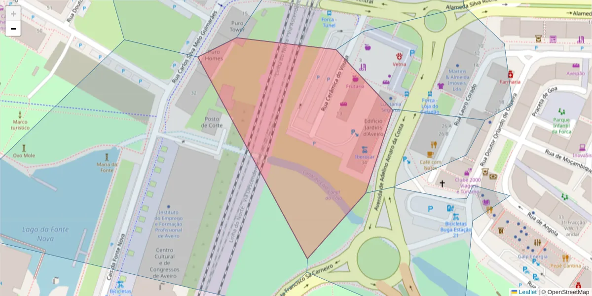 Mapa detalhado do código postal 3800-011 com limites, códigos postais vizinhos e agências dos correios
