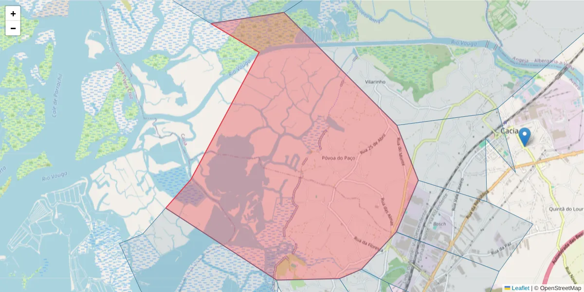 Mapa detalhado do código postal 3800-038 com limites, códigos postais vizinhos e agências dos correios