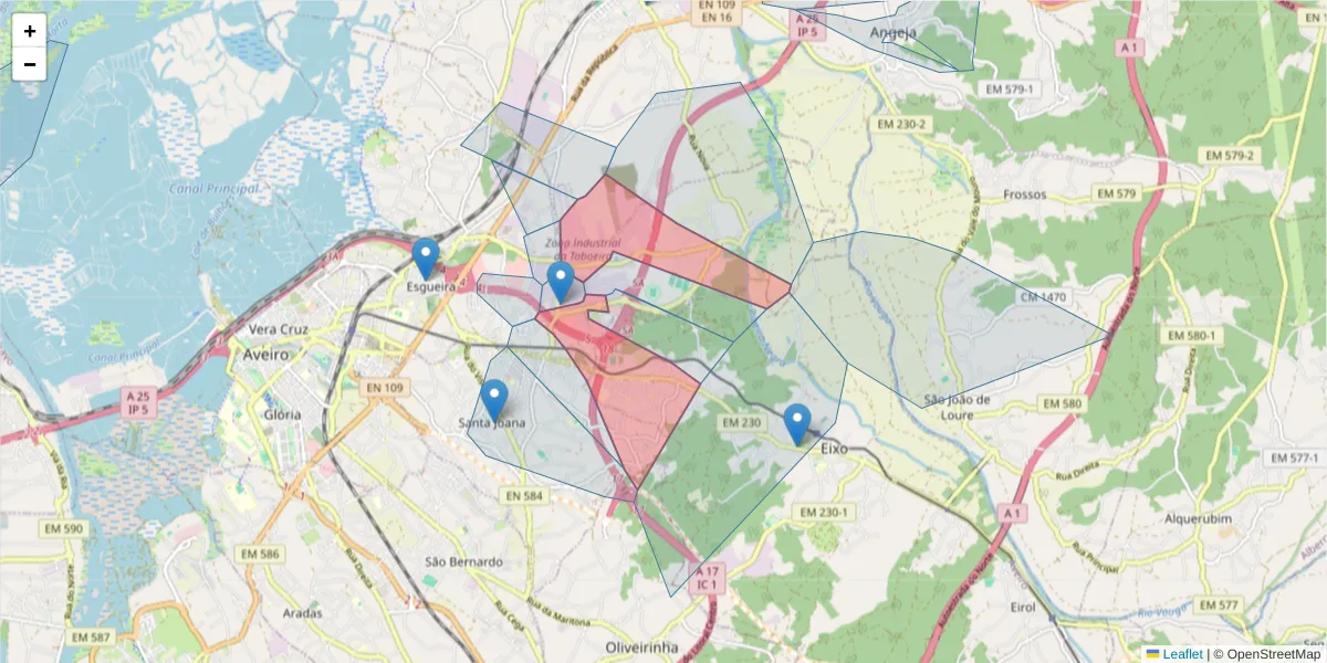 Mapa detalhado do código postal 3800-055 com limites, códigos postais vizinhos e agências dos correios
