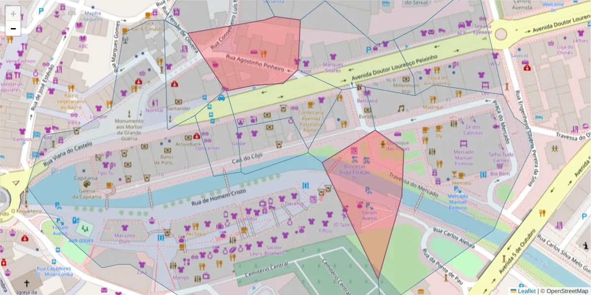 Mapa detalhado do código postal 3800-095 com limites, códigos postais vizinhos e agências dos correios