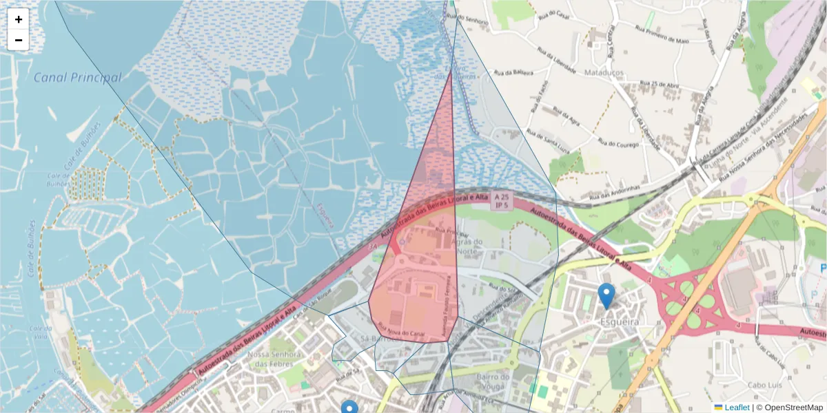 Mapa detalhado do código postal 3800-100 com limites, códigos postais vizinhos e agências dos correios