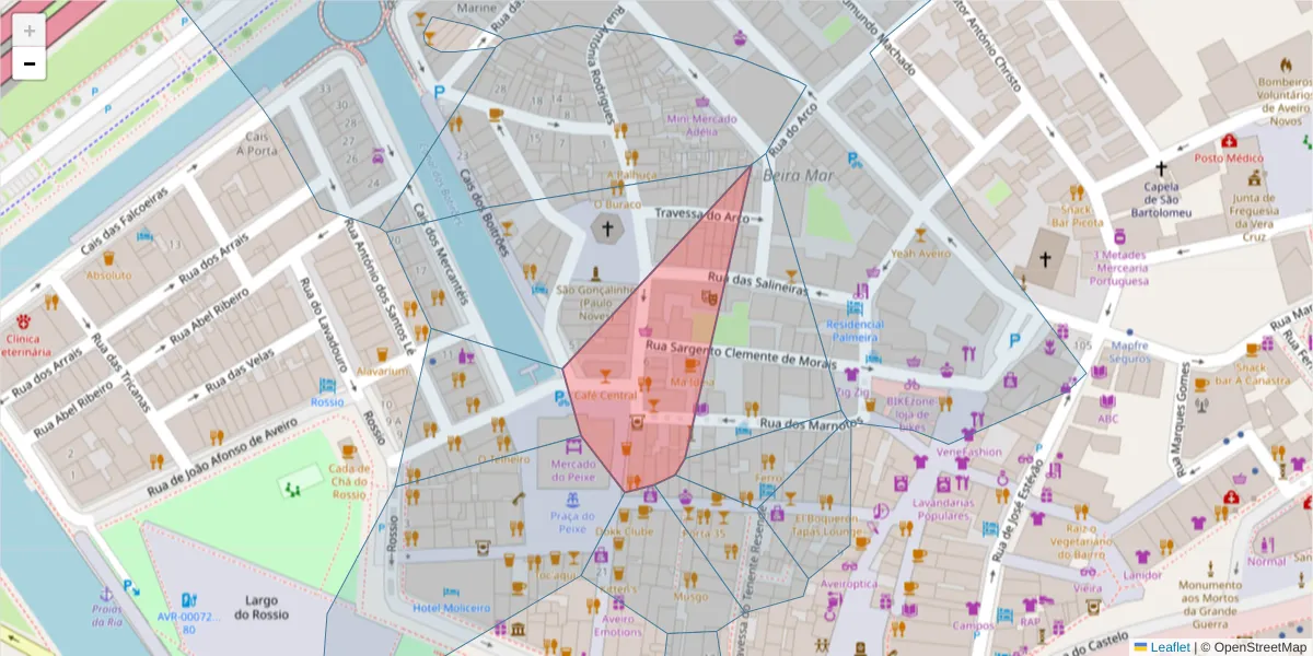 Mapa detalhado do código postal 3800-101 com limites, códigos postais vizinhos e agências dos correios
