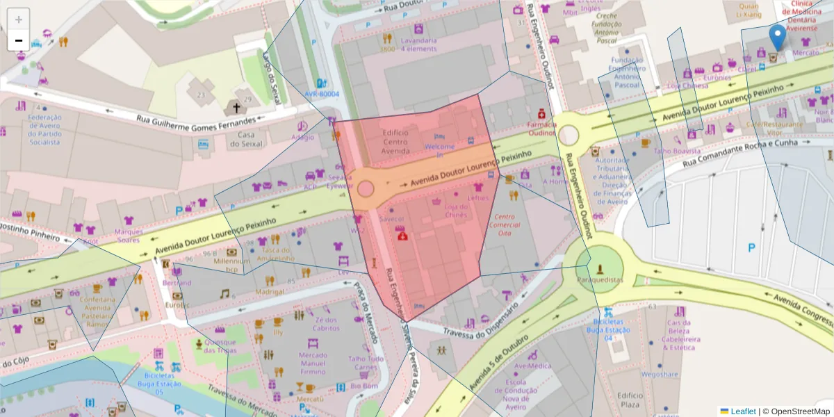 Mapa detalhado do código postal 3800-160 com limites, códigos postais vizinhos e agências dos correios