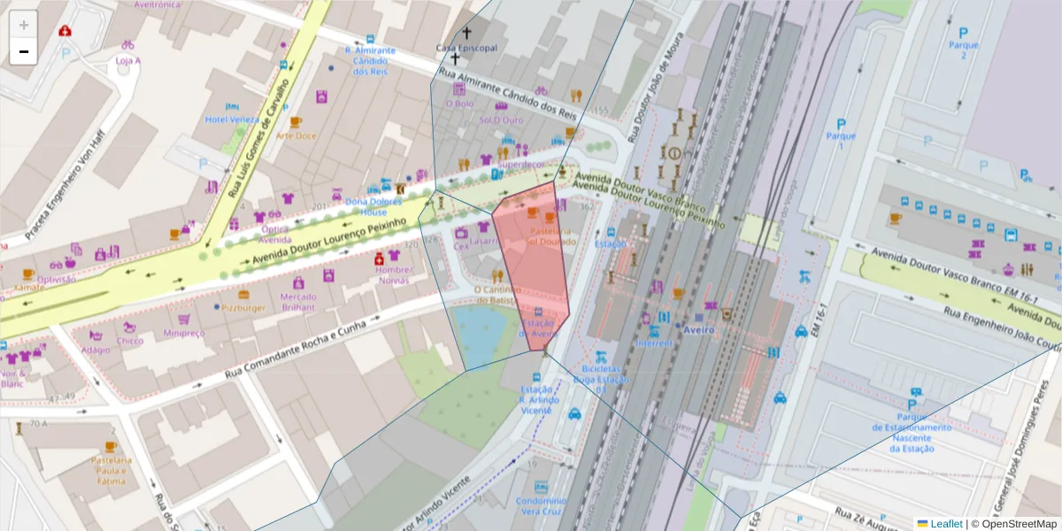 Mapa detalhado do código postal 3800-163 com limites, códigos postais vizinhos e agências dos correios