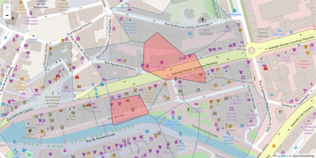 Mapa detalhado do código postal 3800-165 com limites, códigos postais vizinhos e agências dos correios