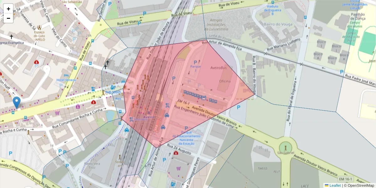 Mapa detalhado do código postal 3800-179 com limites, códigos postais vizinhos e agências dos correios
