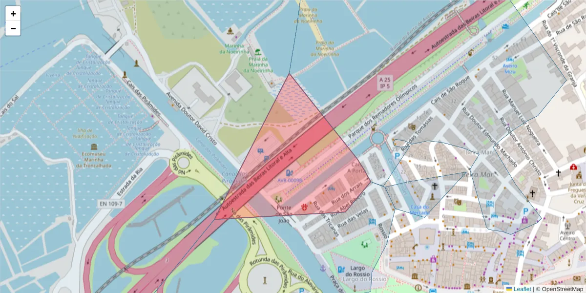 Mapa detalhado do código postal 3800-180 com limites, códigos postais vizinhos e agências dos correios
