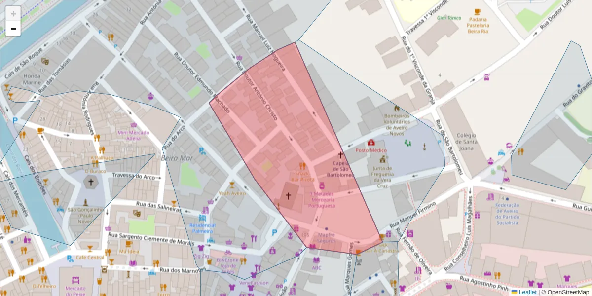 Mapa detalhado do código postal 3800-201 com limites, códigos postais vizinhos e agências dos correios