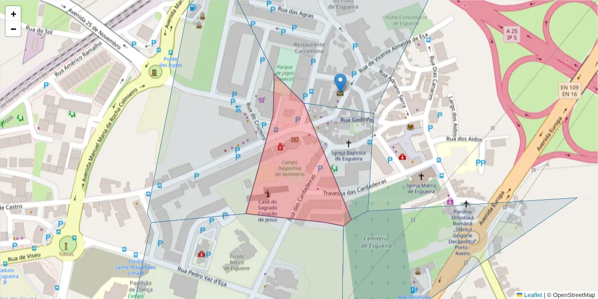 Mapa detalhado do código postal 3800-205 com limites, códigos postais vizinhos e agências dos correios
