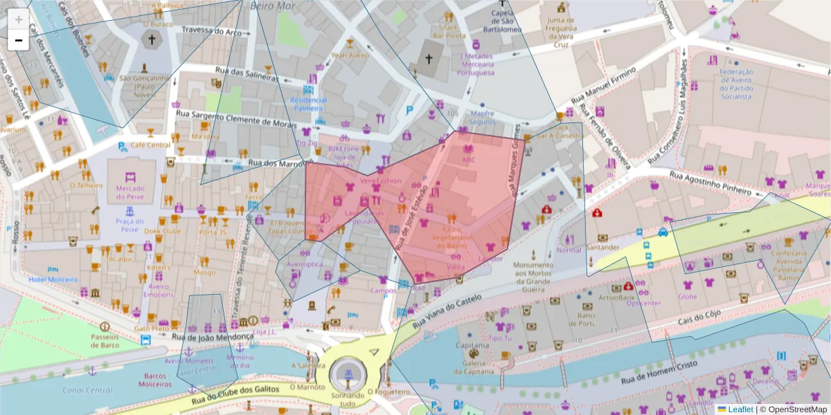 Mapa detalhado do código postal 3800-222 com limites, códigos postais vizinhos e agências dos correios