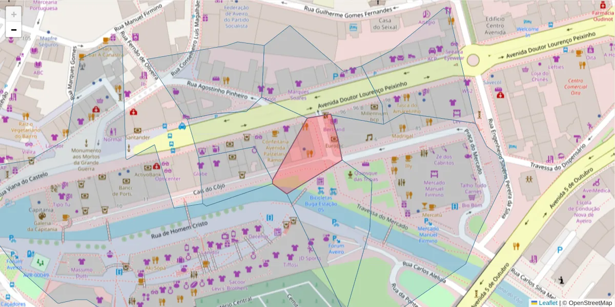 Mapa detalhado do código postal 3800-224 com limites, códigos postais vizinhos e agências dos correios