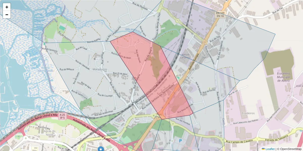 Mapa detalhado do código postal 3800-228 com limites, códigos postais vizinhos e agências dos correios
