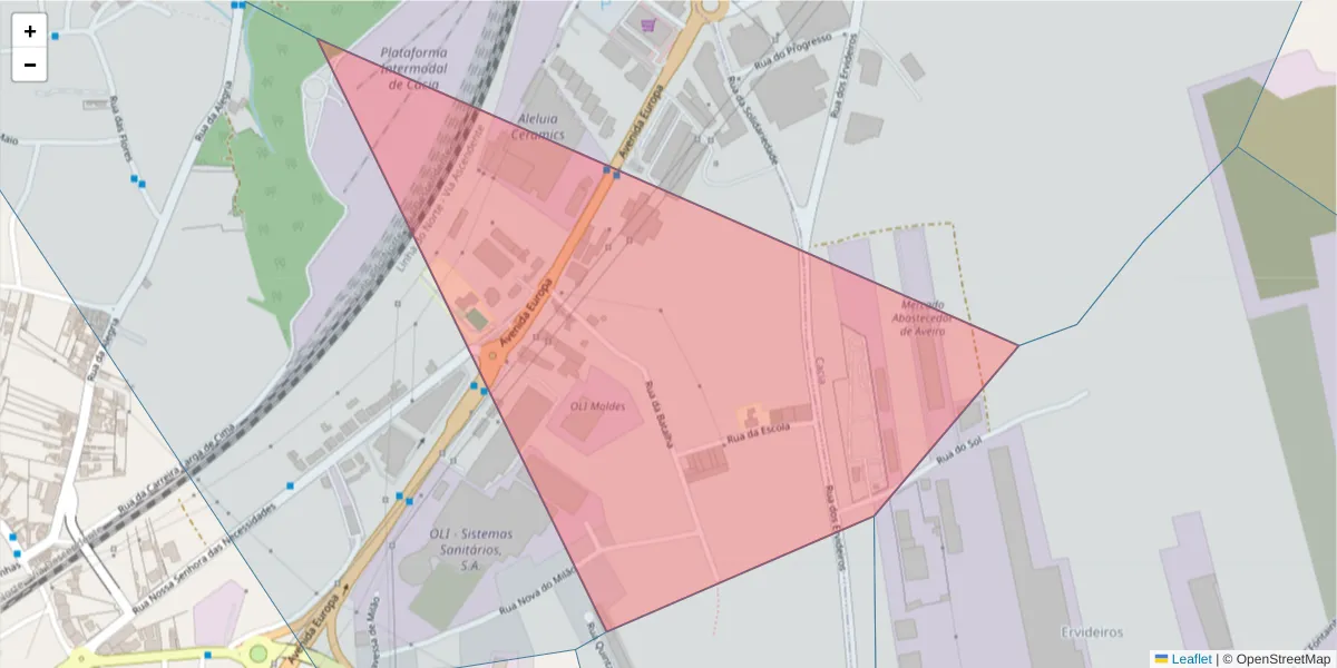 Mapa detalhado do código postal 3800-233 com limites, códigos postais vizinhos e agências dos correios