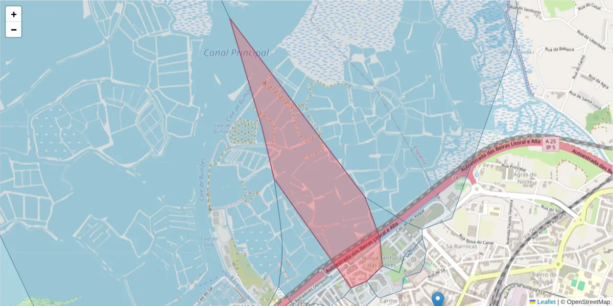 Mapa detalhado do código postal 3800-256 com limites, códigos postais vizinhos e agências dos correios
