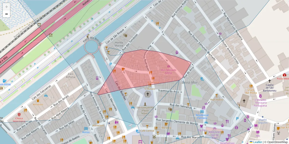 Mapa detalhado do código postal 3800-258 com limites, códigos postais vizinhos e agências dos correios