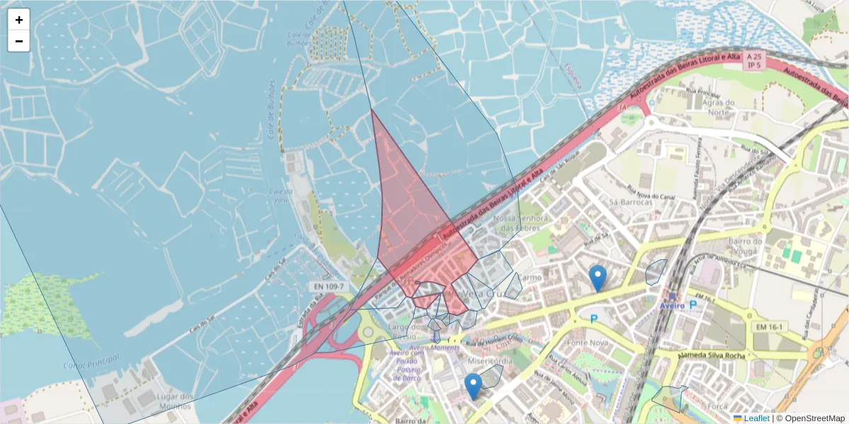 Mapa detalhado do código postal 3800-259 com limites, códigos postais vizinhos e agências dos correios
