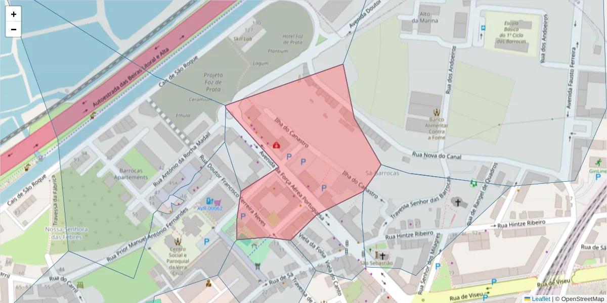 Mapa detalhado do código postal 3800-355 com limites, códigos postais vizinhos e agências dos correios