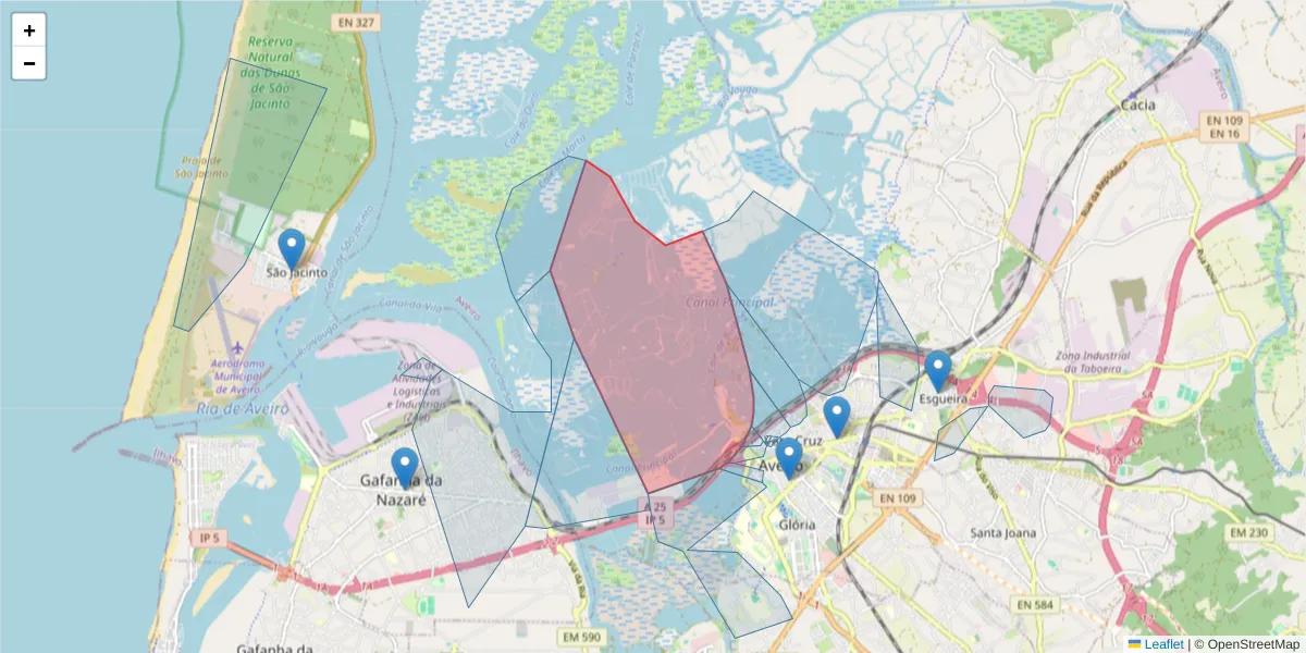 Mapa detalhado do código postal 3800-366 com limites, códigos postais vizinhos e agências dos correios