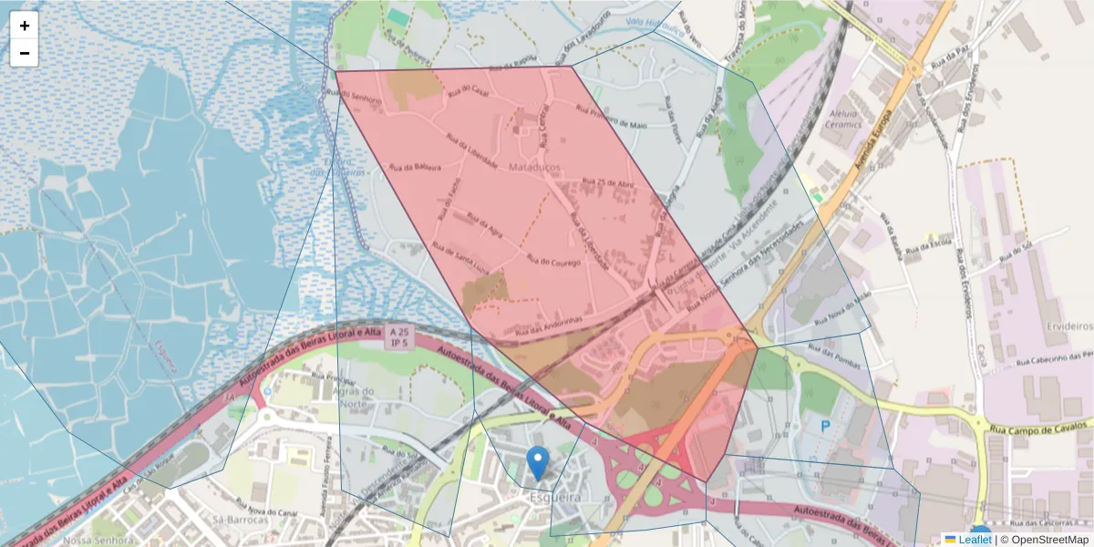 Mapa detalhado do código postal 3800-371 com limites, códigos postais vizinhos e agências dos correios