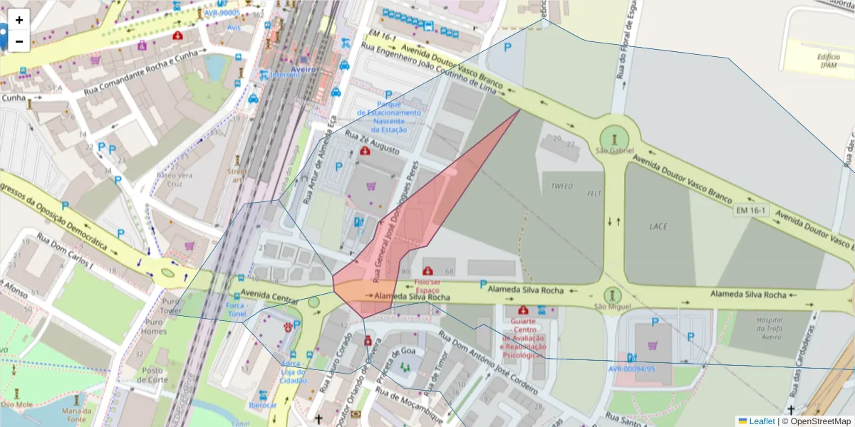 Mapa detalhado do código postal 3800-404 com limites, códigos postais vizinhos e agências dos correios