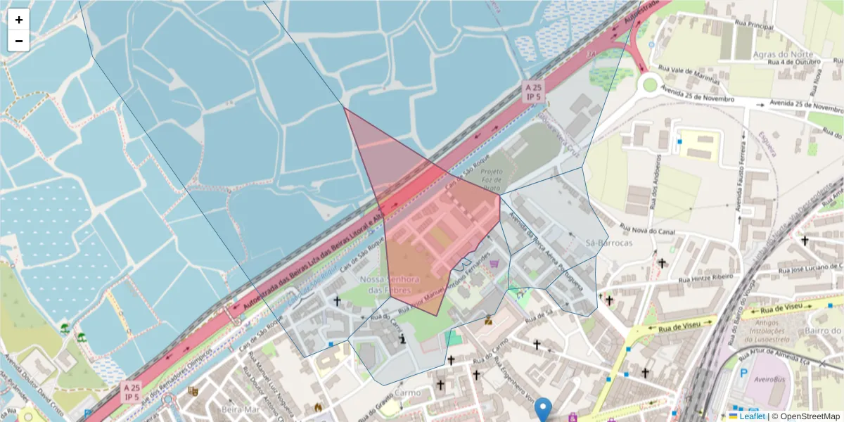 Mapa detalhado do código postal 3800-509 com limites, códigos postais vizinhos e agências dos correios