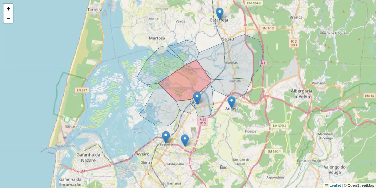 Mapa detalhado do código postal 3800-597 com limites, códigos postais vizinhos e agências dos correios