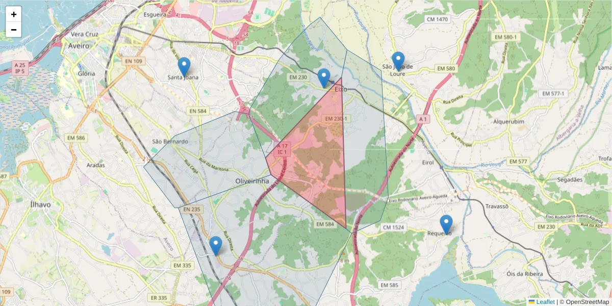 Mapa detalhado do código postal 3800-771 com limites, códigos postais vizinhos e agências dos correios