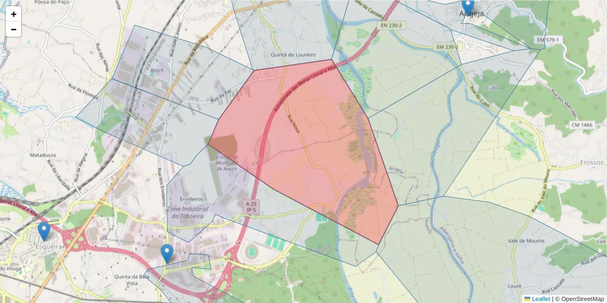 Mapa detalhado do código postal 3800-911 com limites, códigos postais vizinhos e agências dos correios