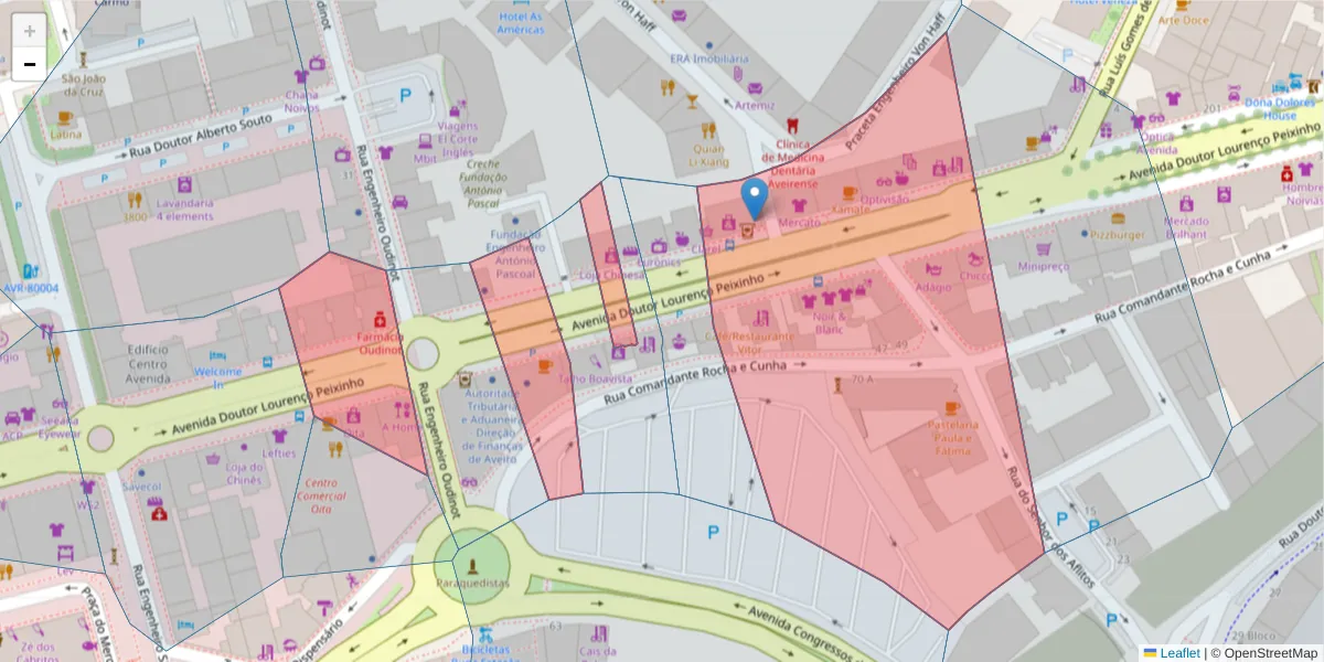 Mapa detalhado do código postal 3800-999 com limites, códigos postais vizinhos e agências dos correios