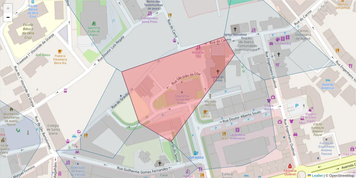 Mapa detalhado do código postal 3804-504 com limites, códigos postais vizinhos e agências dos correios