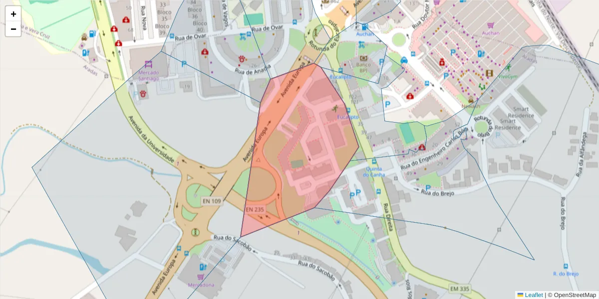 Mapa detalhado do código postal 3810-001 com limites, códigos postais vizinhos e agências dos correios
